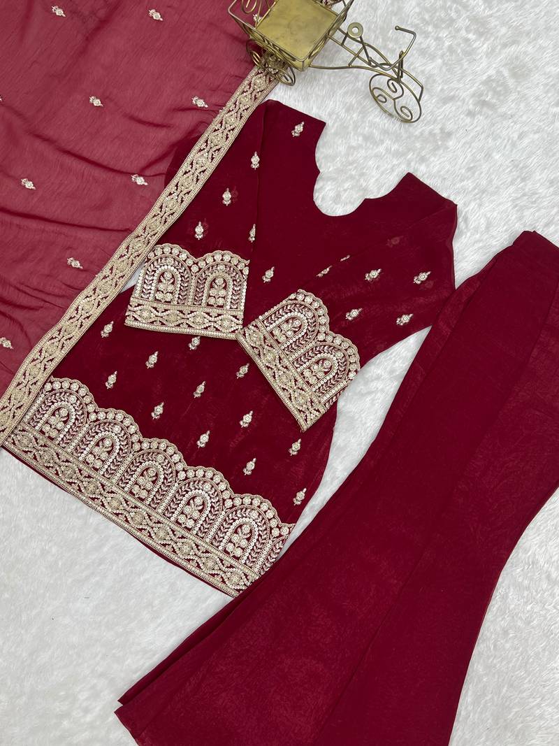 Maroon embroidered crunchy silk kurta palazzo set with dupatta