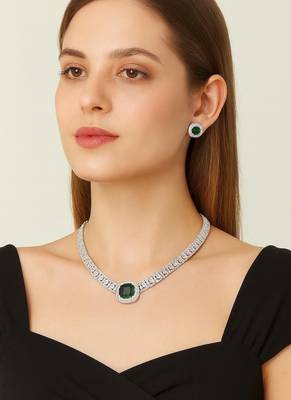 emerald green cz diamond necklace and earrings set silver plated bridal jewellery 1
