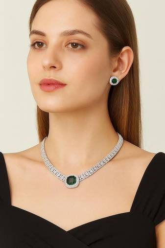 emerald green cz diamond necklace and earrings set silver plated bridal jewellery
