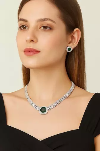 emerald green cz diamond necklace and earrings set: silver plated bridal jewellery