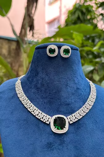 emerald green cz diamond necklace and earrings set: silver plated bridal jewellery
