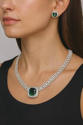 emerald green cz diamond necklace and earrings set silver plated bridal jewellery 3