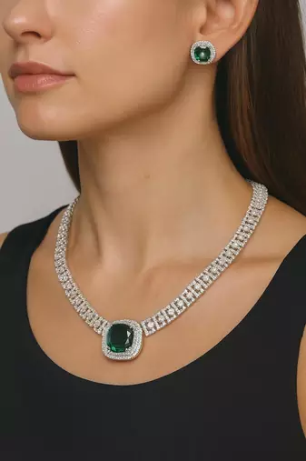 emerald green cz diamond necklace and earrings set: silver plated bridal jewellery