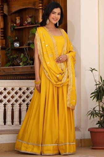 Yellow plain silk stitched anarkali kurta set with dupatta