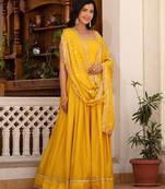Yellow plain silk stitched anarkali kurta set with dupatta