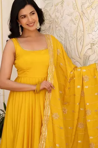Yellow plain silk stitched anarkali kurta set with dupatta