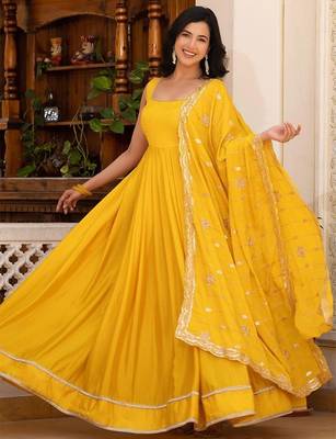 Yellow plain silk stitched anarkali kurta set with dupatta 3