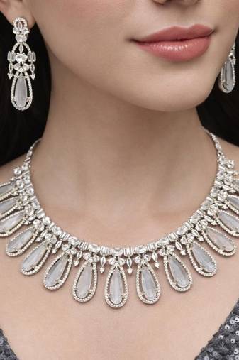 moonstone cubic zirconia necklace set  victorian style drop earrings, bridal jewellery