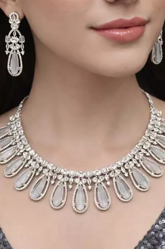 moonstone cubic zirconia necklace set | victorian style drop earrings, bridal jewellery