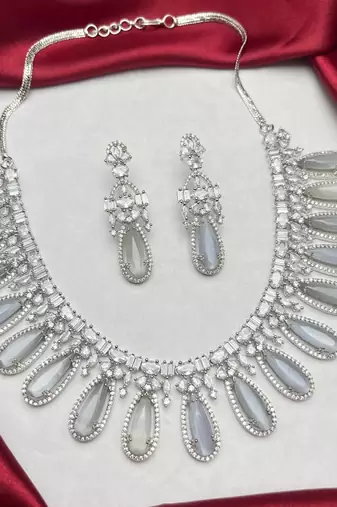 moonstone cubic zirconia necklace set | victorian style drop earrings, bridal jewellery