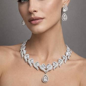 teardrop cz necklace and earrings set  silver leaf bridal jewellery 1