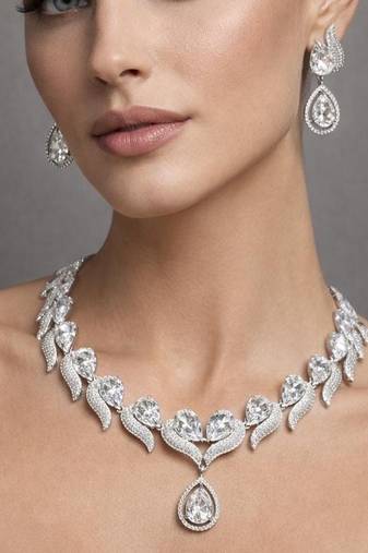 teardrop cz necklace and earrings set  silver leaf bridal jewellery