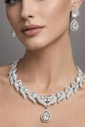 teardrop cz necklace and earrings set | silver leaf bridal jewellery