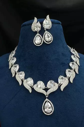 teardrop cz necklace and earrings set | silver leaf bridal jewellery