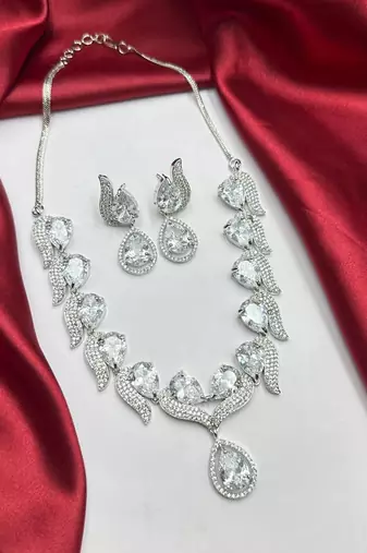 teardrop cz necklace and earrings set | silver leaf bridal jewellery