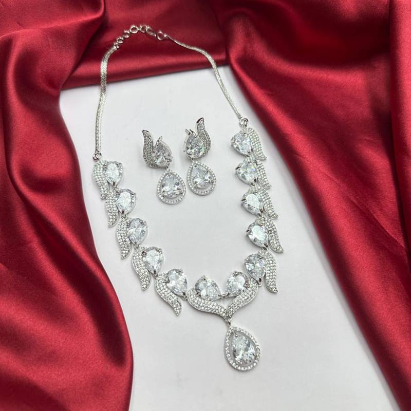 teardrop cz necklace and earrings set  silver leaf bridal jewellery
