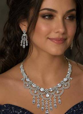 bridal cubic zirconia necklace earrings set: silver plated teardrop statement jewellery 1