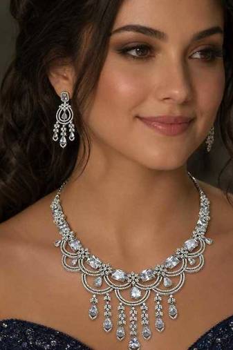 bridal cubic zirconia necklace earrings set silver plated teardrop statement jewellery