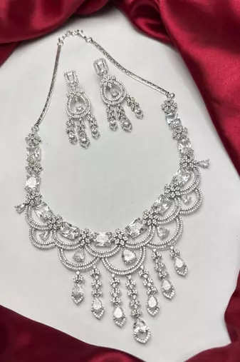 bridal cubic zirconia necklace earrings set: silver plated teardrop statement jewellery