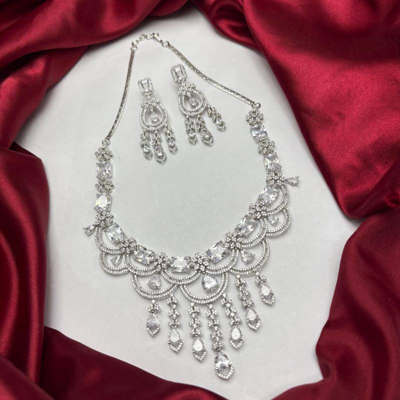 bridal cubic zirconia necklace earrings set: silver plated teardrop statement jewellery