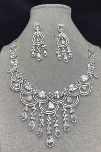 bridal cubic zirconia necklace earrings set: silver plated teardrop statement jewellery