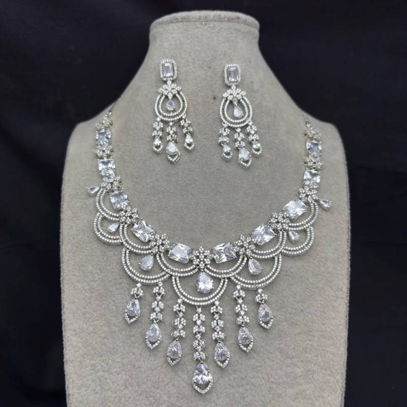 bridal cubic zirconia necklace earrings set: silver plated teardrop statement jewellery