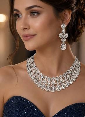 bridal cz necklace and chandelier earrings set, silver diamond alternative wedding jewellery 1