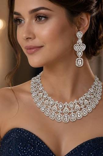 bridal cz necklace and chandelier earrings set, silver diamond alternative wedding jewellery