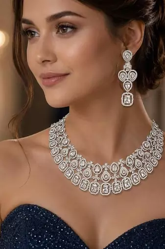 bridal cz necklace and chandelier earrings set, silver diamond alternative wedding jewellery