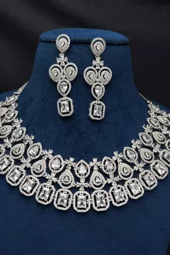 bridal cz necklace and chandelier earrings set, silver diamond alternative wedding jewellery
