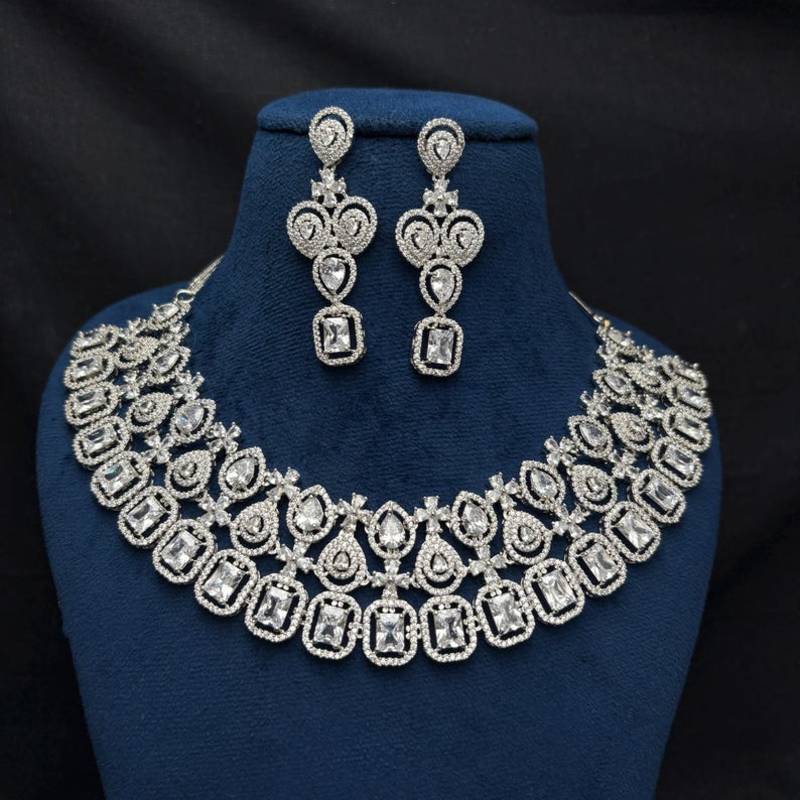bridal cz necklace and chandelier earrings set, silver diamond alternative wedding jewellery
