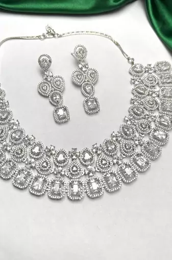 bridal cz necklace and chandelier earrings set, silver diamond alternative wedding jewellery
