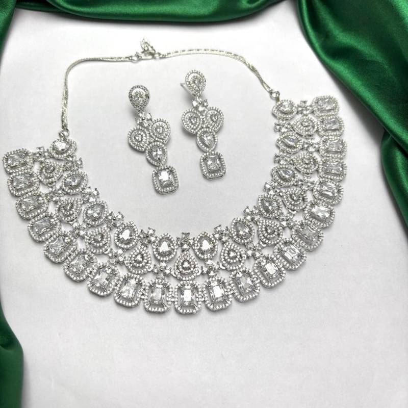 bridal cz necklace and chandelier earrings set, silver diamond alternative wedding jewellery