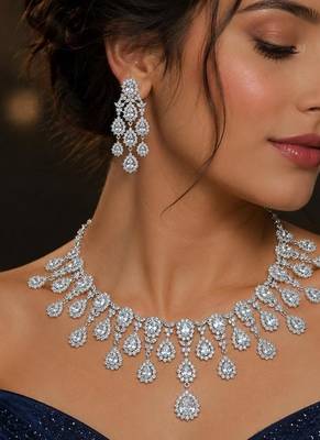 silver bridal necklace and chandelier earrings set, cubic zirconia wedding jewellery 1