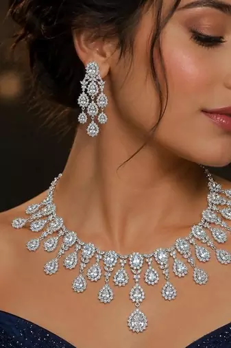 silver bridal necklace and chandelier earrings set, cubic zirconia wedding jewellery