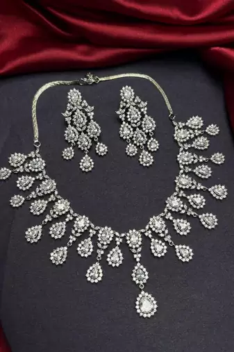 silver bridal necklace and chandelier earrings set, cubic zirconia wedding jewellery