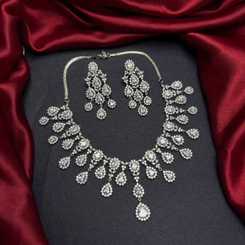 silver bridal necklace and chandelier earrings set, cubic zirconia wedding jewellery