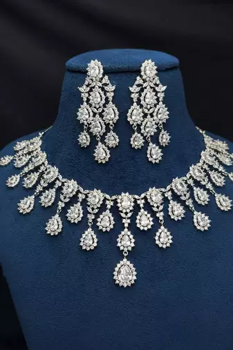 silver bridal necklace and chandelier earrings set, cubic zirconia wedding jewellery