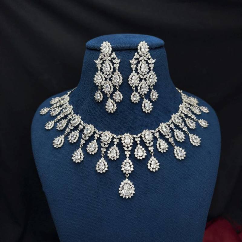 silver bridal necklace and chandelier earrings set, cubic zirconia wedding jewellery