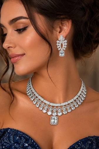 bridal cubic zirconia choker set, silver plated marquise pear cut statement necklace