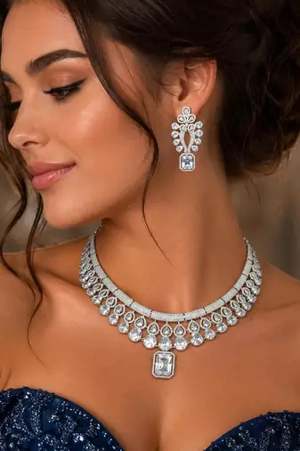 bridal cubic zirconia choker set, silver plated marquise pear cut statement necklace