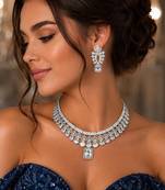 bridal cubic zirconia choker set, silver plated marquise pear cut statement necklace