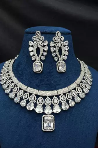 bridal cubic zirconia choker set, silver plated marquise pear cut statement necklace