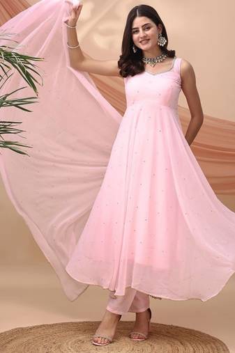 Pink sequin embellished georgette stitched a-line kurta set with trousers & dupatta