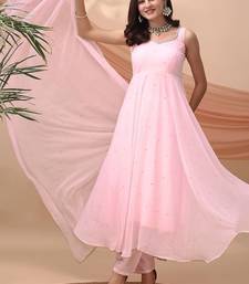 Pink sequin embellished georgette stitched a-line kurta set with trousers & dupatta