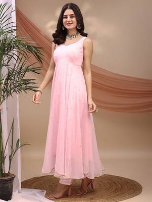 Pink sequin embellished georgette stitched a-line kurta set with trousers & dupatta 2