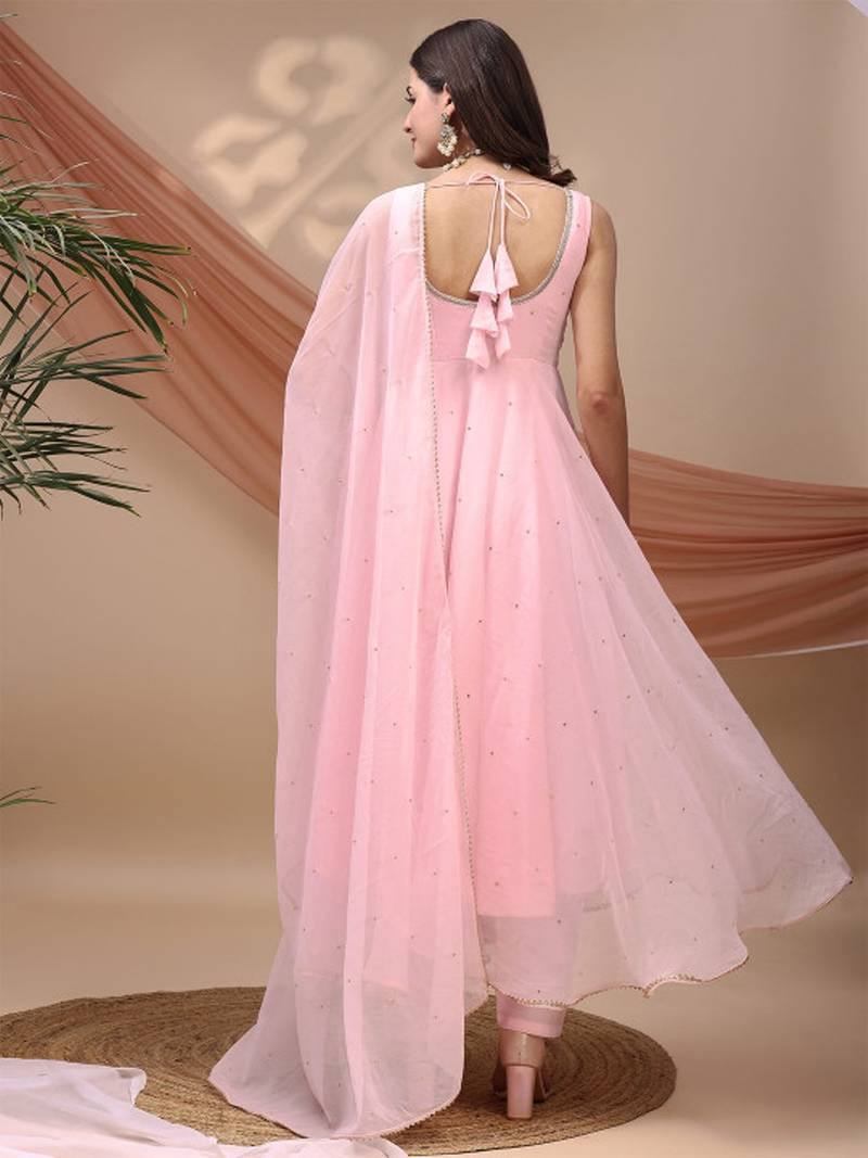 Pink sequin embellished georgette stitched a-line kurta set with trousers & dupatta