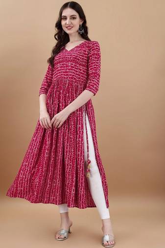 Pink bandhani printed rayon a-line pleated kurta