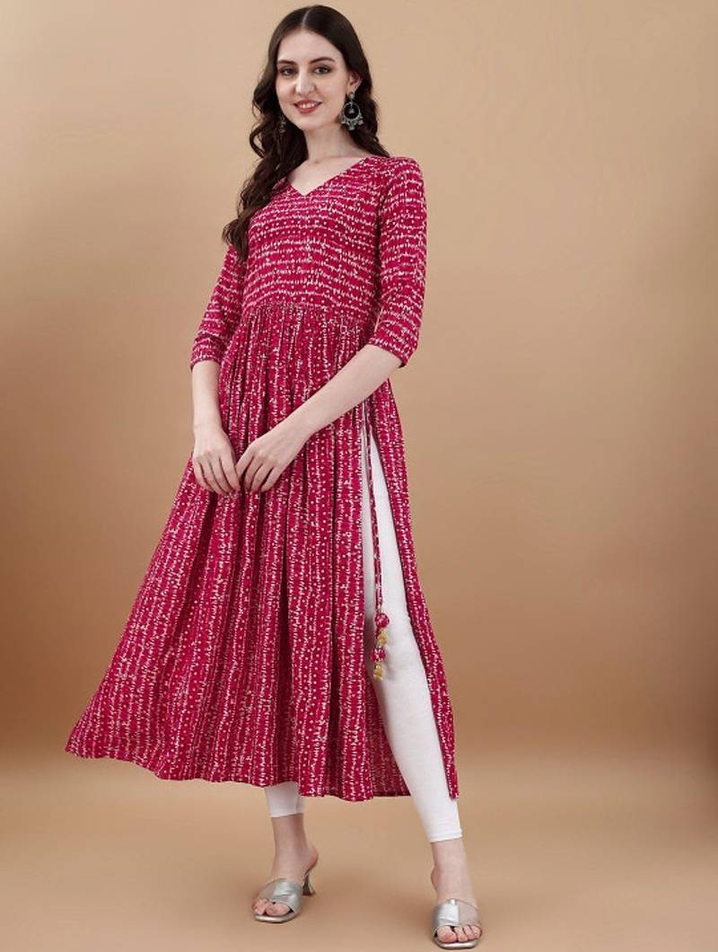 Pink bandhani printed rayon a-line pleated kurta