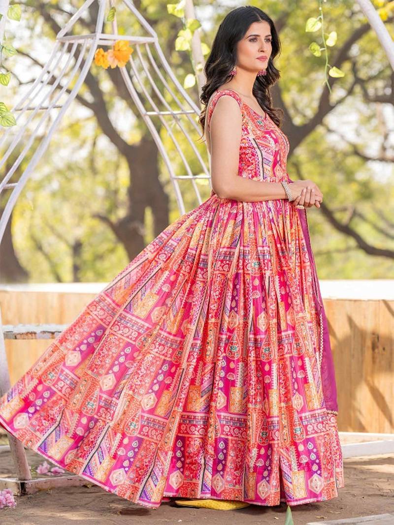 Orange embroidered stitched anarkali kurta set with dupatta